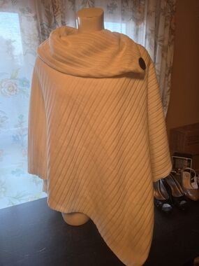 Moda Cream Ribbed Asymmetric Poncho with Cowl Neck